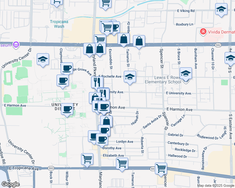 map of restaurants, bars, coffee shops, grocery stores, and more near 1381 East University Avenue in Las Vegas