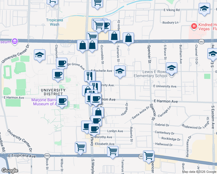 map of restaurants, bars, coffee shops, grocery stores, and more near 1482 East University Avenue in Las Vegas
