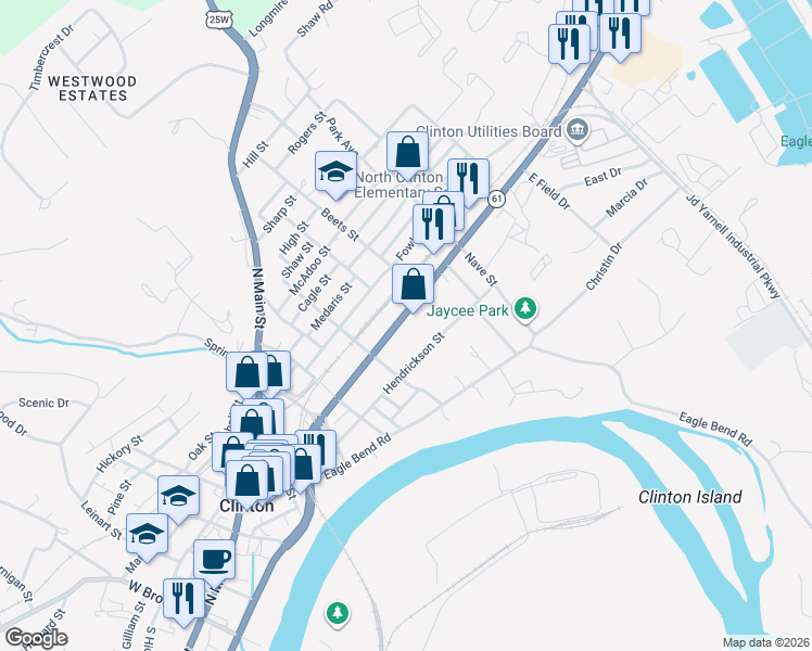 map of restaurants, bars, coffee shops, grocery stores, and more near 721 North Charles G Seivers Boulevard in Clinton