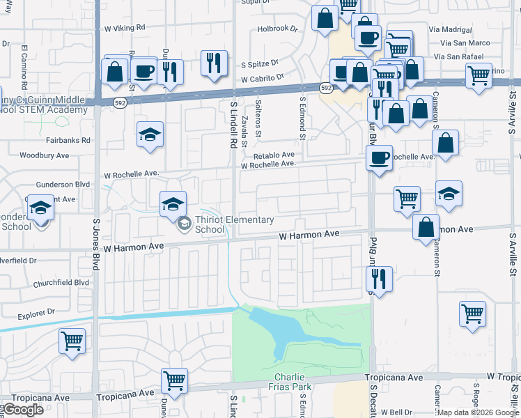 map of restaurants, bars, coffee shops, grocery stores, and more near 5340 Indian River Drive in Las Vegas