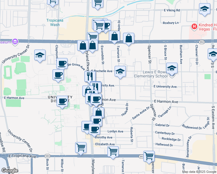 map of restaurants, bars, coffee shops, grocery stores, and more near 1381 East University Avenue in Las Vegas