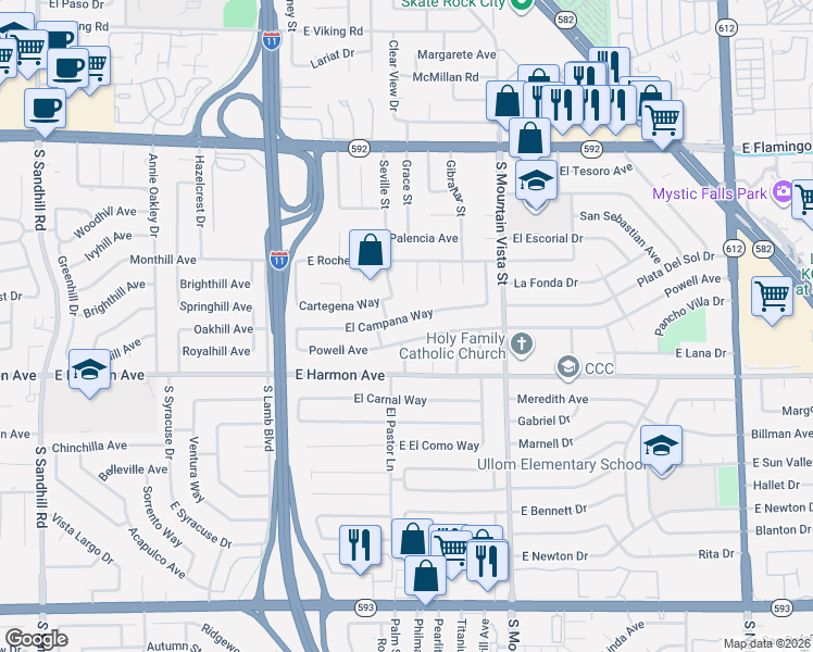 map of restaurants, bars, coffee shops, grocery stores, and more near 4449 El Campana Way in Las Vegas