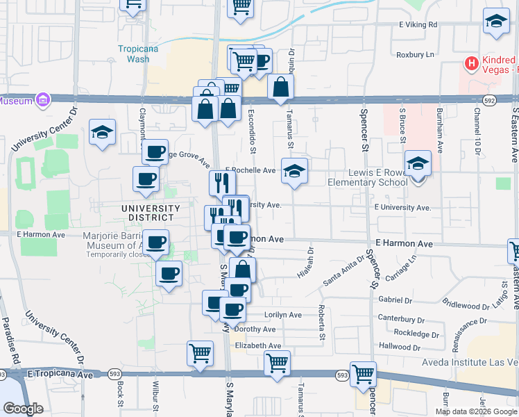 map of restaurants, bars, coffee shops, grocery stores, and more near 4386 Escondido Street in Las Vegas