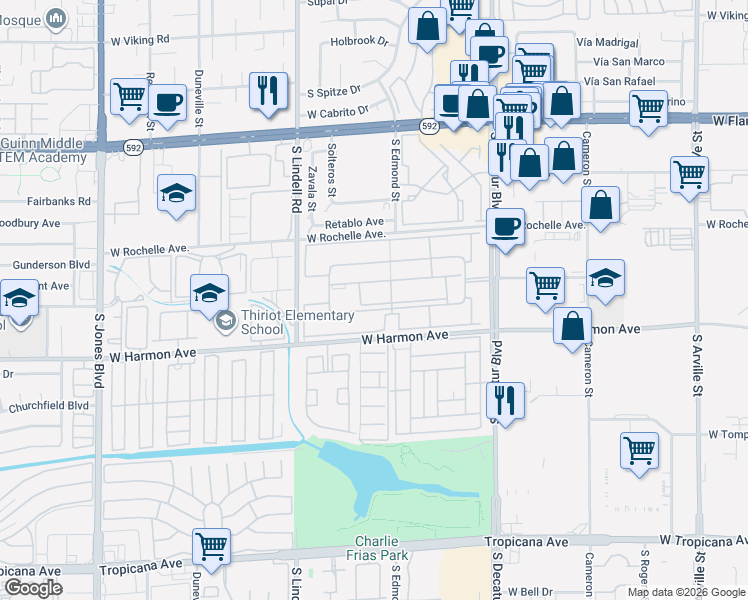 map of restaurants, bars, coffee shops, grocery stores, and more near 5200 Indian River Drive in Las Vegas