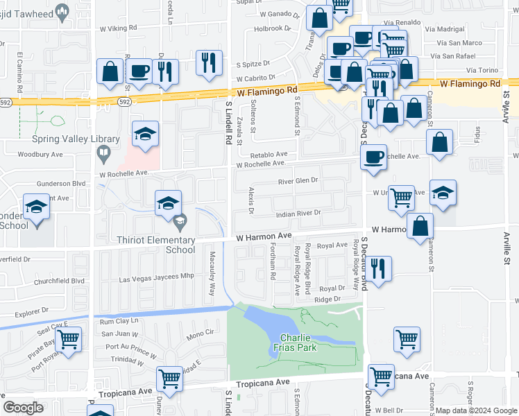 map of restaurants, bars, coffee shops, grocery stores, and more near 5340 Indian River Drive in Las Vegas