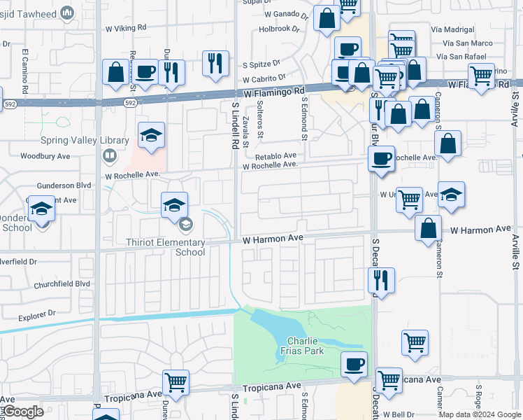 map of restaurants, bars, coffee shops, grocery stores, and more near 5340 Indian River Drive in Las Vegas