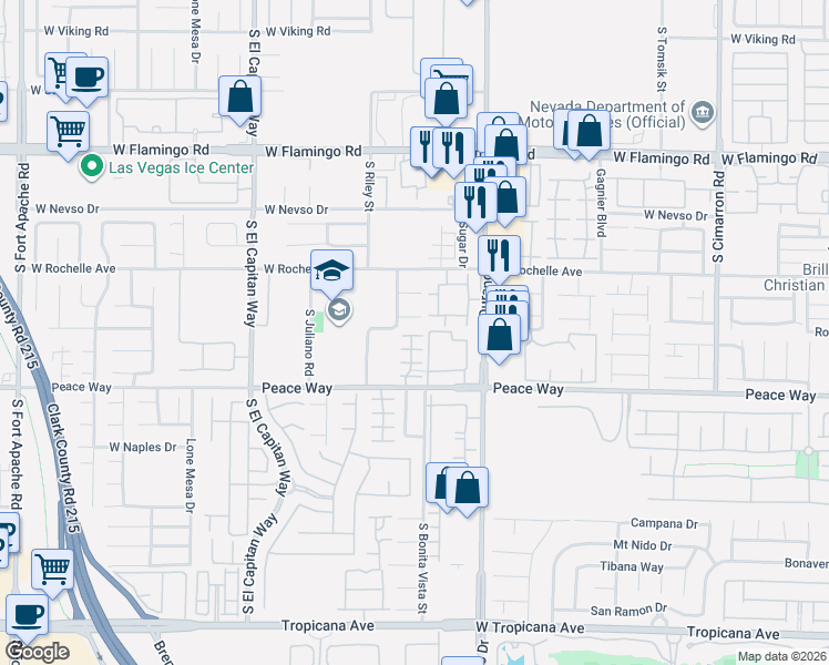 map of restaurants, bars, coffee shops, grocery stores, and more near 8749 Emsdale Court in Las Vegas