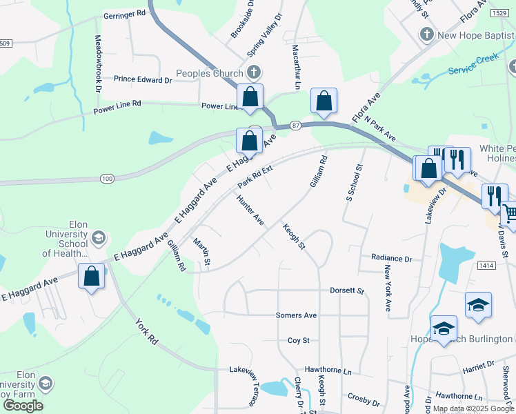 map of restaurants, bars, coffee shops, grocery stores, and more near 144 Hunter Avenue in Elon
