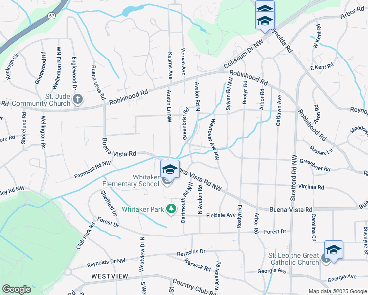 map of restaurants, bars, coffee shops, grocery stores, and more near 2634 Greenbrier Road in Winston-Salem