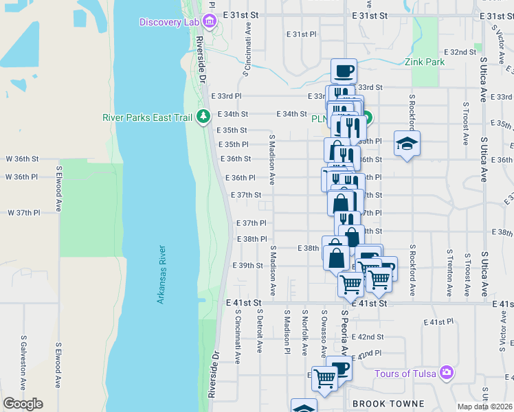 map of restaurants, bars, coffee shops, grocery stores, and more near 3708 South Madison Avenue in Tulsa