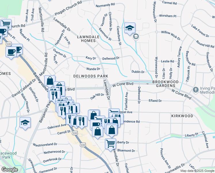 map of restaurants, bars, coffee shops, grocery stores, and more near 2106 West Cone Boulevard in Greensboro