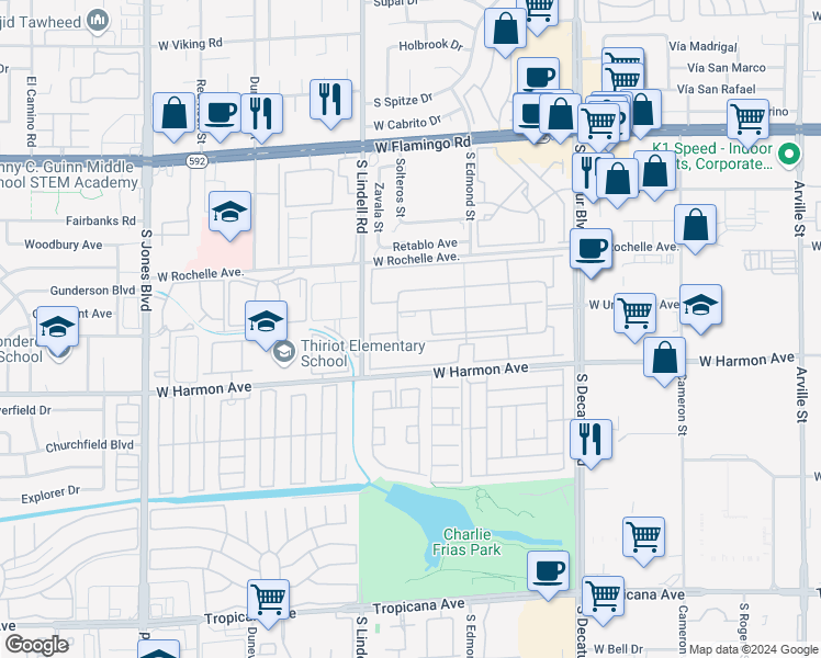map of restaurants, bars, coffee shops, grocery stores, and more near 5300 Indian River Drive in Las Vegas
