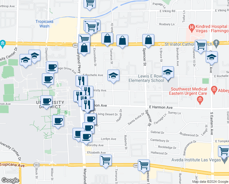 map of restaurants, bars, coffee shops, grocery stores, and more near 26 East University Avenue in Las Vegas