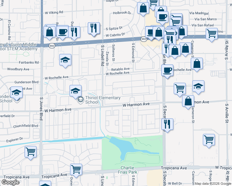 map of restaurants, bars, coffee shops, grocery stores, and more near 5300 Indian River Drive in Las Vegas