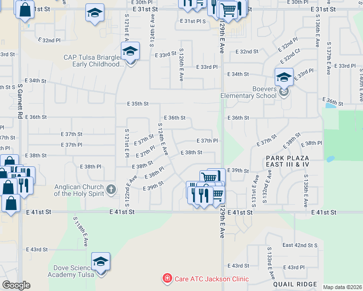 map of restaurants, bars, coffee shops, grocery stores, and more near 12524 East 37th Place in Tulsa