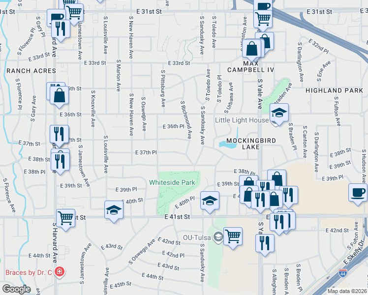 map of restaurants, bars, coffee shops, grocery stores, and more near 4144 East 37th Street in Tulsa