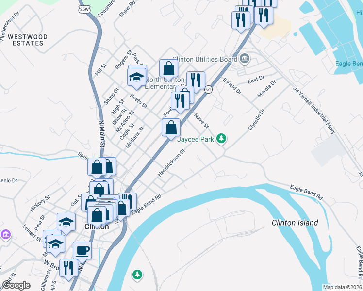 map of restaurants, bars, coffee shops, grocery stores, and more near 726 Hendrickson Street in Clinton