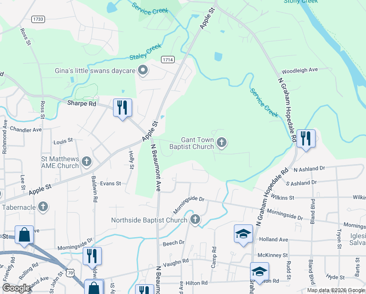 map of restaurants, bars, coffee shops, grocery stores, and more near 606 Pinnix Road in Burlington
