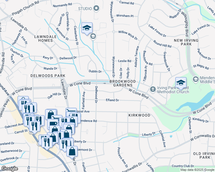 map of restaurants, bars, coffee shops, grocery stores, and more near 1807 West Cone Boulevard in Greensboro