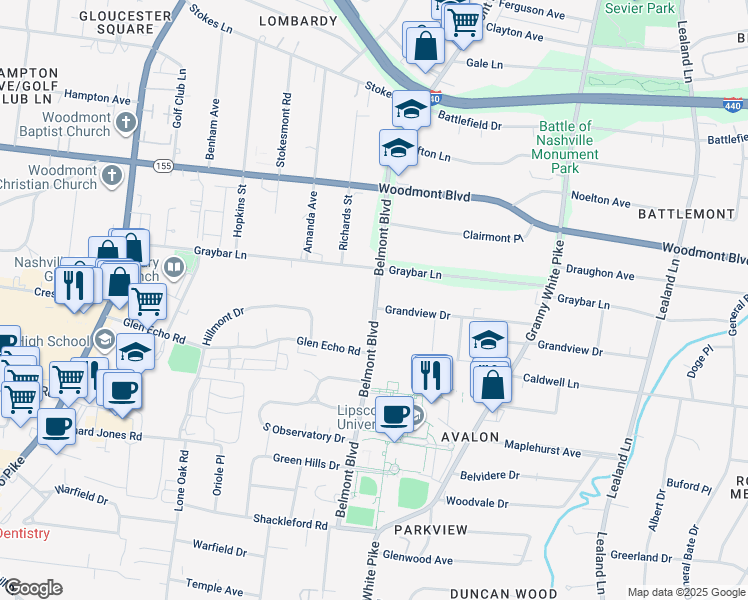 map of restaurants, bars, coffee shops, grocery stores, and more near 3609 Belmont Boulevard in Nashville