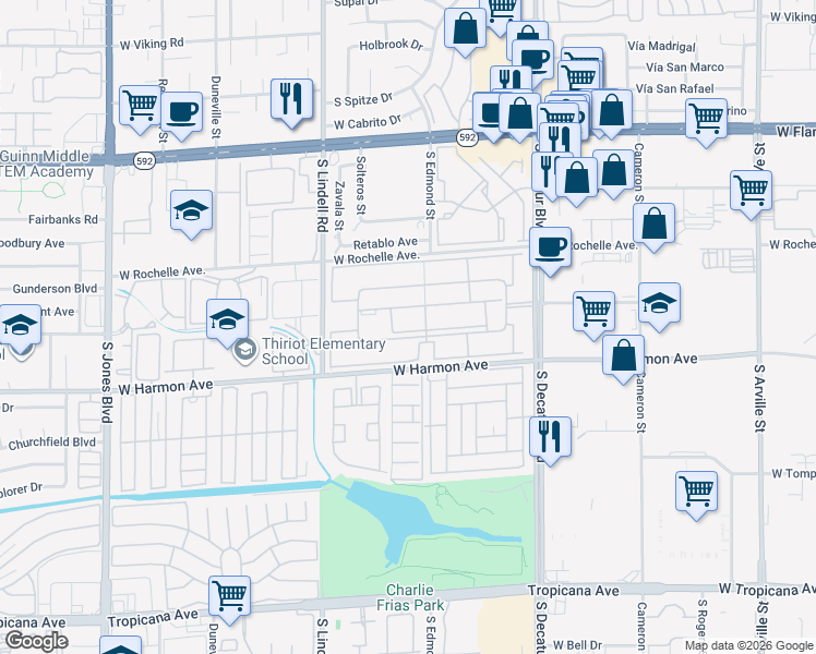map of restaurants, bars, coffee shops, grocery stores, and more near 5140 Indian River Drive in Las Vegas