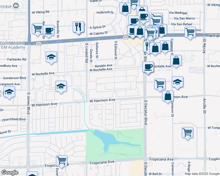 map of restaurants, bars, coffee shops, grocery stores, and more near 5200 Indian River Drive in Las Vegas