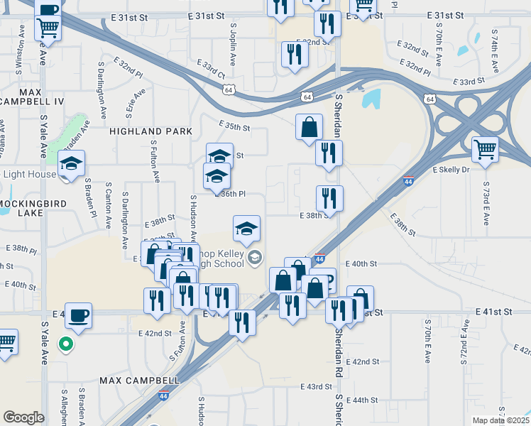 map of restaurants, bars, coffee shops, grocery stores, and more near 6101 East 38th Street in Tulsa