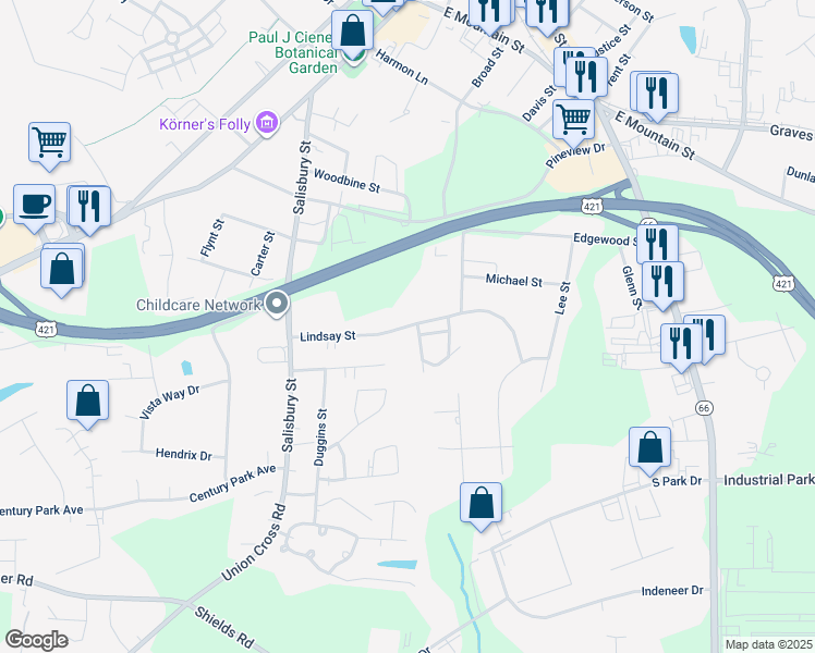 map of restaurants, bars, coffee shops, grocery stores, and more near Lindsay Street in Kernersville