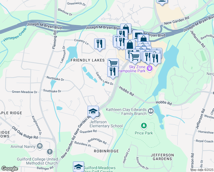 map of restaurants, bars, coffee shops, grocery stores, and more near 5405 Garden Lake Drive in Greensboro