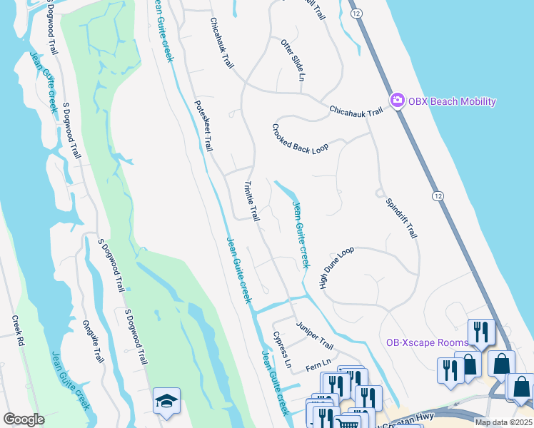 map of restaurants, bars, coffee shops, grocery stores, and more near 77 Gravey Pond Lane in Kitty Hawk