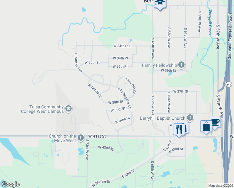 map of restaurants, bars, coffee shops, grocery stores, and more near 3727 South 74th West Place in Tulsa