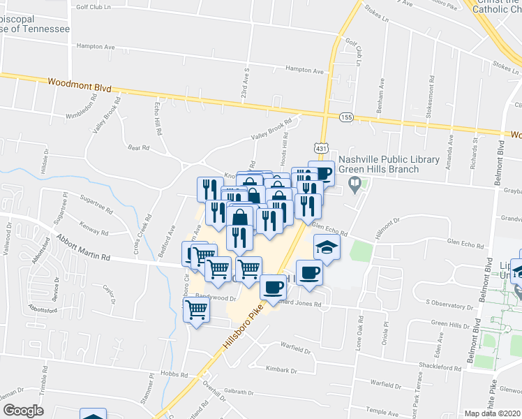 map of restaurants, bars, coffee shops, grocery stores, and more near 2210 Crestmoor Road in Nashville