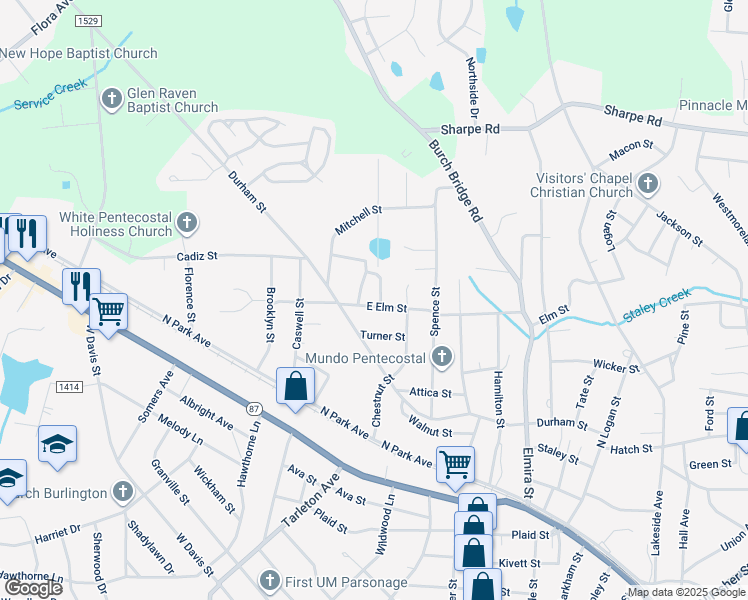 map of restaurants, bars, coffee shops, grocery stores, and more near 1315 Elm Street in Burlington