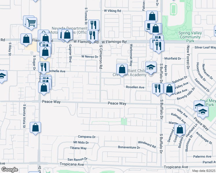 map of restaurants, bars, coffee shops, grocery stores, and more near 8149 Cimarron Meadows Way in Las Vegas