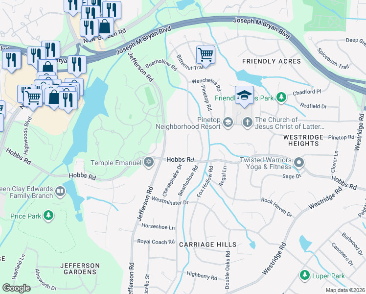 map of restaurants, bars, coffee shops, grocery stores, and more near 1200 Jefferson Road in Greensboro
