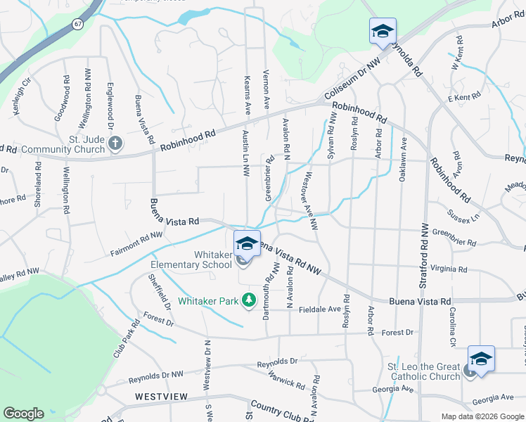 map of restaurants, bars, coffee shops, grocery stores, and more near 2634 Greenbrier Road in Winston-Salem