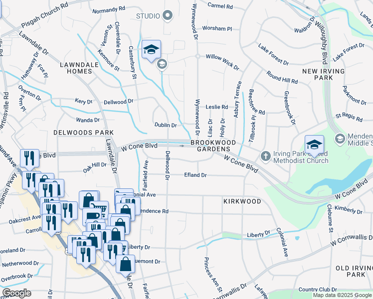 map of restaurants, bars, coffee shops, grocery stores, and more near 1807 West Cone Boulevard in Greensboro