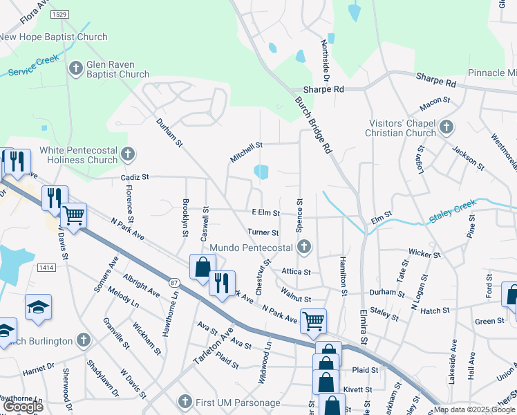 map of restaurants, bars, coffee shops, grocery stores, and more near 1315 Elm Street in Burlington