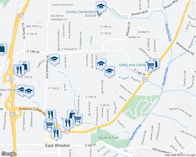 map of restaurants, bars, coffee shops, grocery stores, and more near 1137 North Cameron Avenue in Winston-Salem