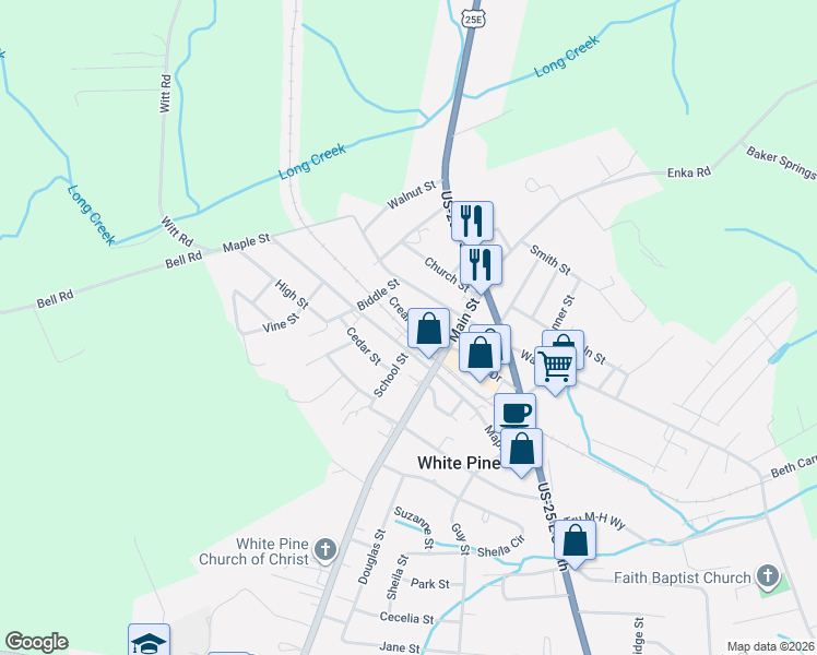 map of restaurants, bars, coffee shops, grocery stores, and more near 1529 Creamery Street in White Pine