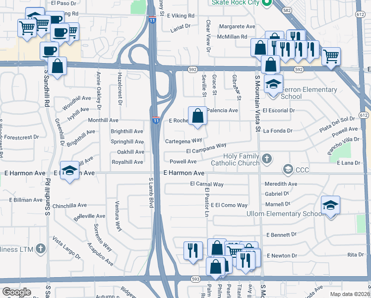map of restaurants, bars, coffee shops, grocery stores, and more near 4319 Cartegena Way in Las Vegas