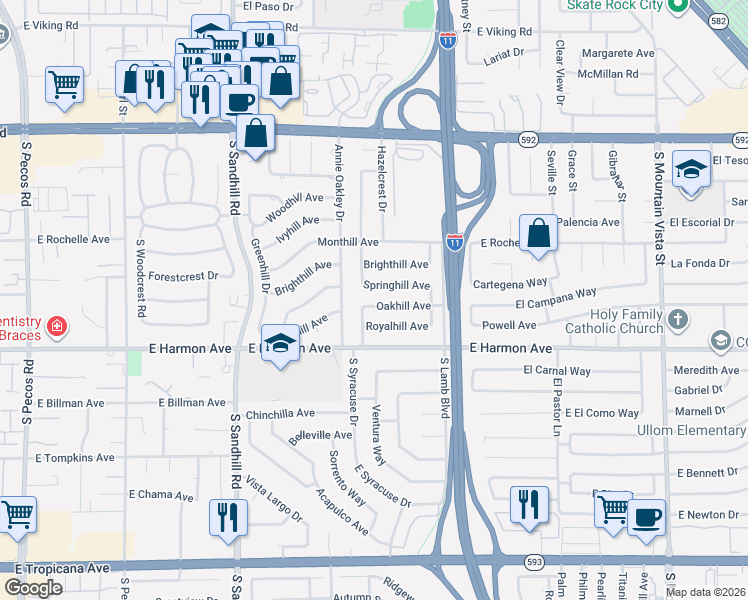 map of restaurants, bars, coffee shops, grocery stores, and more near 4061 Springhill Avenue in Las Vegas