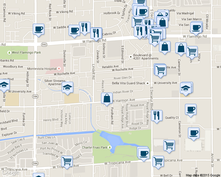 map of restaurants, bars, coffee shops, grocery stores, and more near 5200 Indian River Drive in Las Vegas