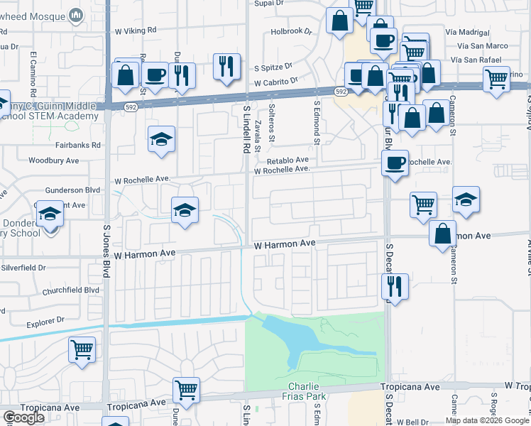 map of restaurants, bars, coffee shops, grocery stores, and more near 5340 Indian River Drive in Las Vegas