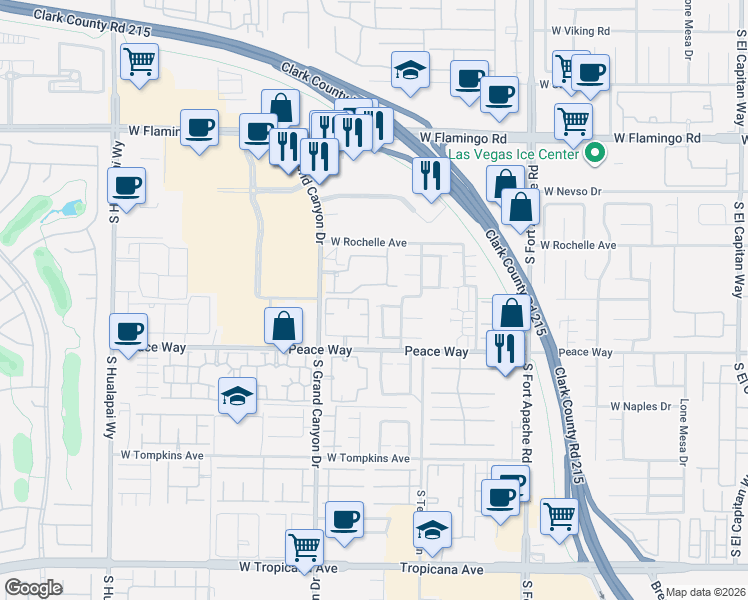 map of restaurants, bars, coffee shops, grocery stores, and more near 4370 South Grand Canyon Drive in Las Vegas