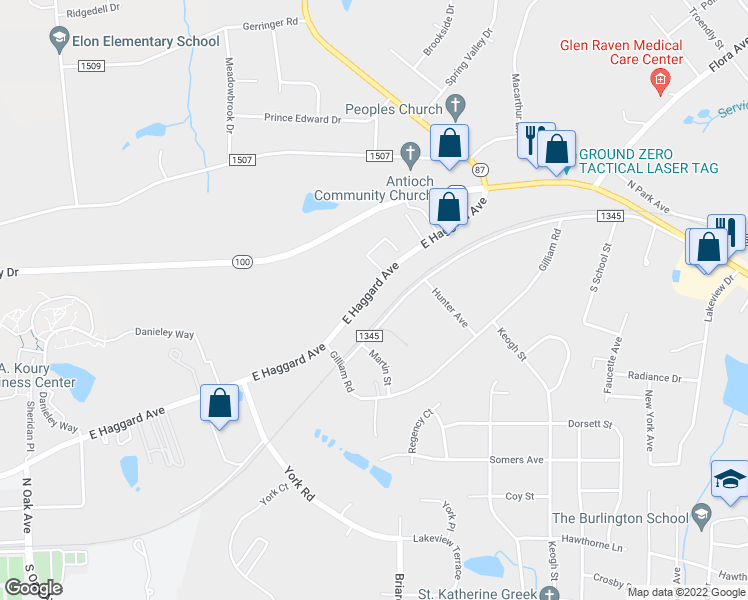 map of restaurants, bars, coffee shops, grocery stores, and more near 921 East Haggard Avenue in Elon