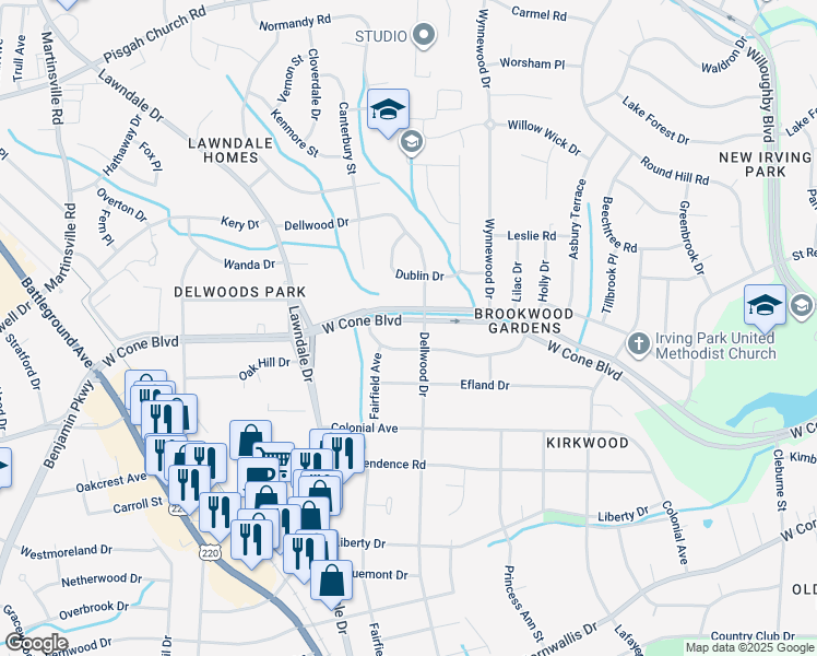 map of restaurants, bars, coffee shops, grocery stores, and more near 1903 West Cone Boulevard in Greensboro