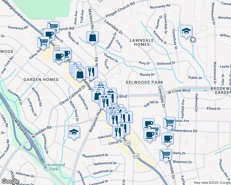 map of restaurants, bars, coffee shops, grocery stores, and more near 2319-A Patriot Way in Greensboro