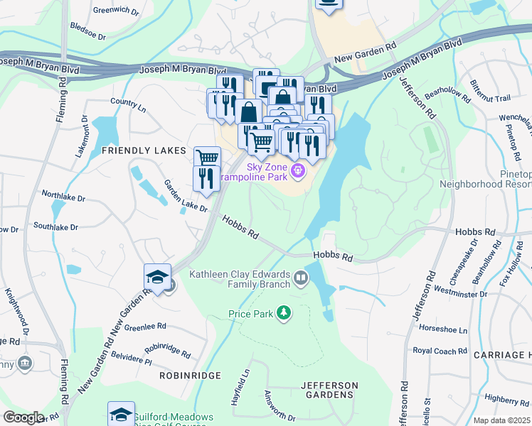 map of restaurants, bars, coffee shops, grocery stores, and more near 1500 Highwoods Blvd in Greensboro