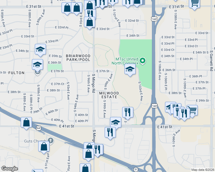 map of restaurants, bars, coffee shops, grocery stores, and more near 3745 South 99th East Avenue in Tulsa